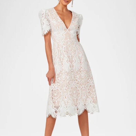 Ava Embroidered Puff-Sleeve Midi Dress White - Picture 1 of 3